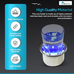 Marine City 8 Blue LED 12V Illuminated Stainless Steel Cup Holder with Drain