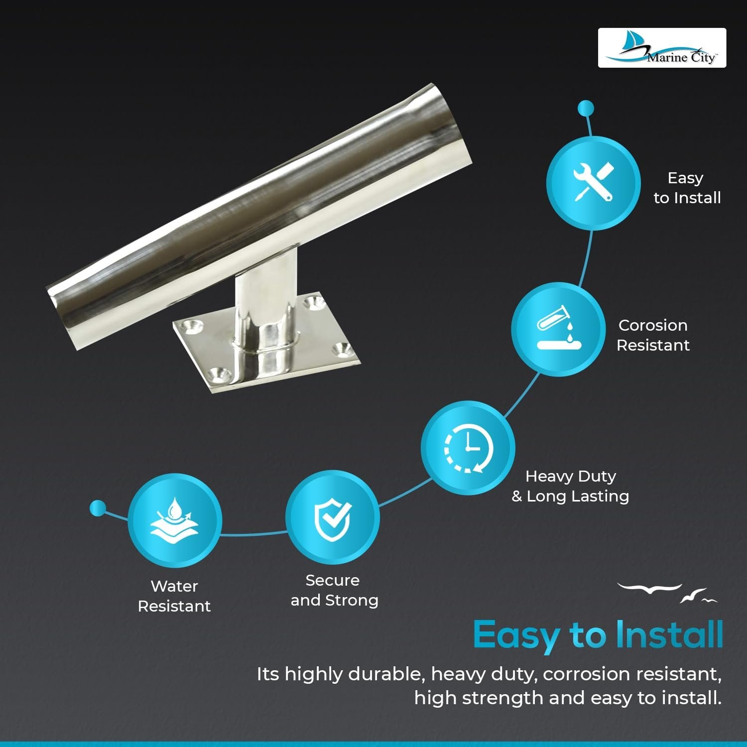 Marine City Tournament Style Single Rod Holder – Stainless Steel, 20° Angle Marine City
