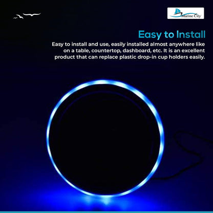 Marine City Stainless Steel Blue LED Ring Cup Holder with Center Drain (2 Pcs) Marine City Hardware