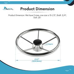 Marine City Stainless-Steel 25 Degree 13-1/2” or 15-1/2” Dia. 5 Spokes Steering Wheel for Boat, Yacht (Dia.: 13-1/2”)