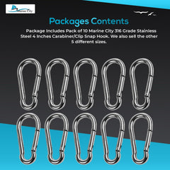 Marine City 316 Mosquetones de acero inoxidable de 4 pulgadas/gancho de presión para escalada, pesca, senderismo (10 unidades) 