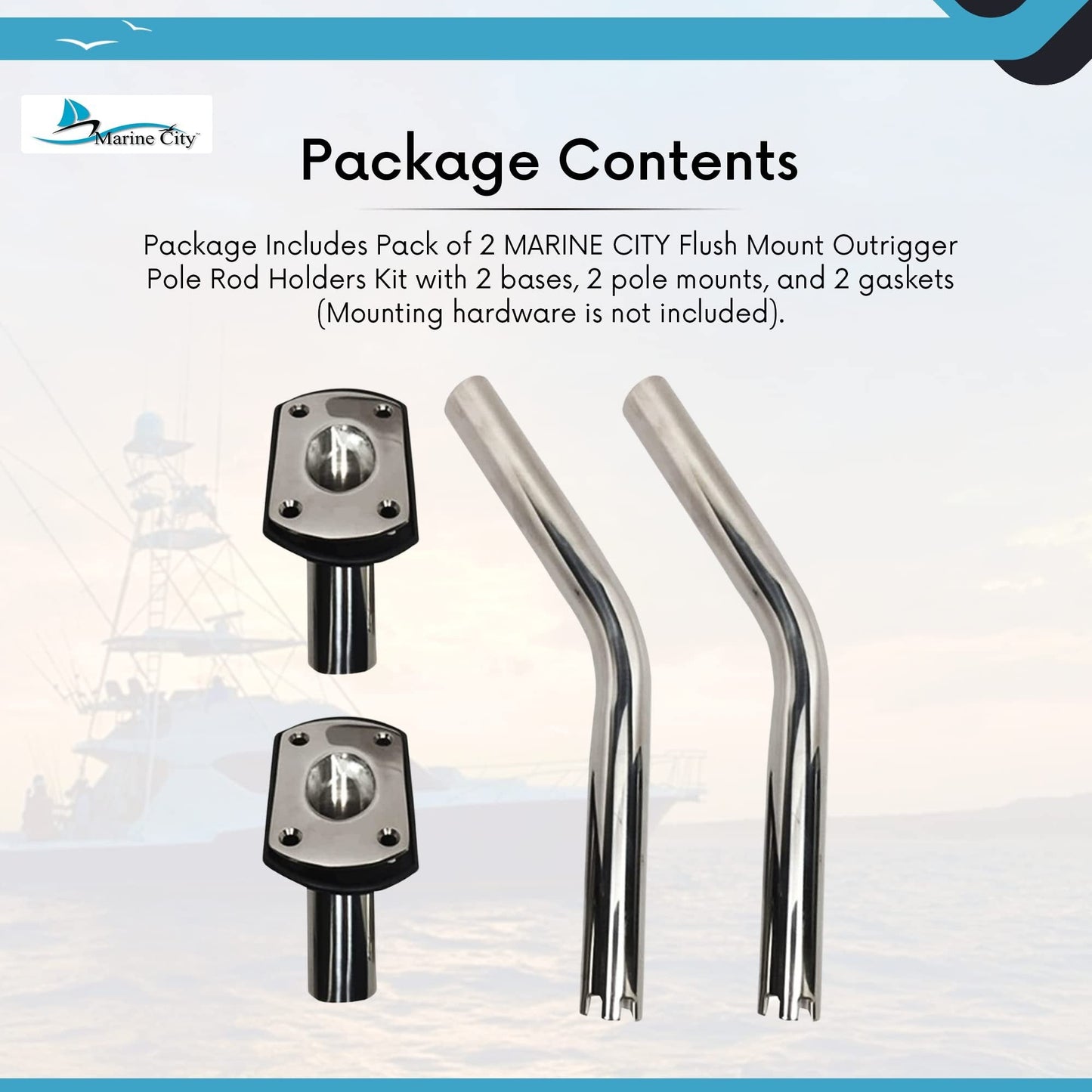 Marine City 304 Stainless Steel Flush Mount Outrigger Pole Rod Holder Kit (2 Pcs) MARINE CITY