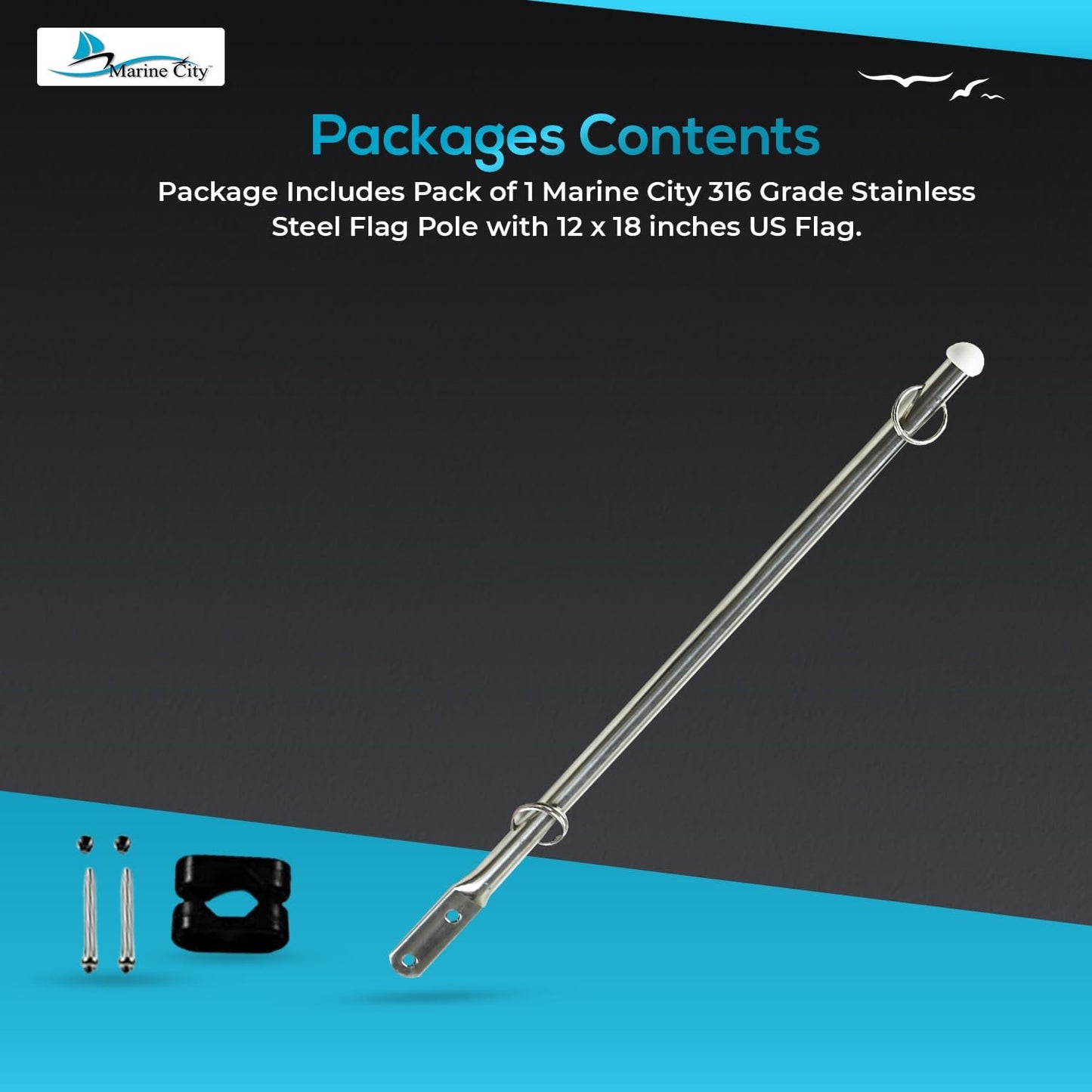 Marine City Stainless Steel Flag Pole with 12x18" US Flag–Fits 7/8" to 1" Tubing