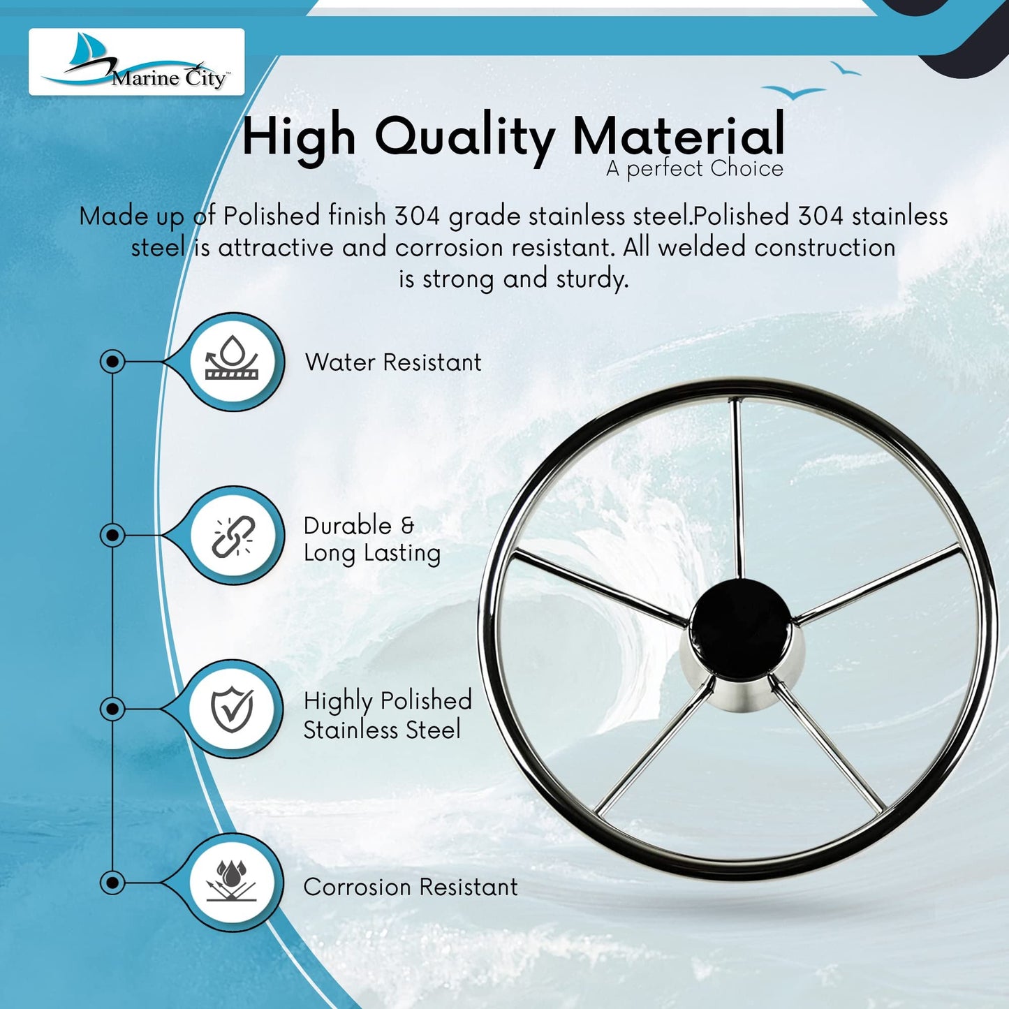 Marine City 5-Spoke Stainless Steel Steering Wheel – 304 Corrosion-Resistant