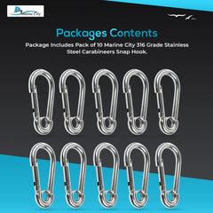 Marine City Carabiner Clip Snap Hook with Ring – 2” 316 Stainless Steel (10 Pcs)
