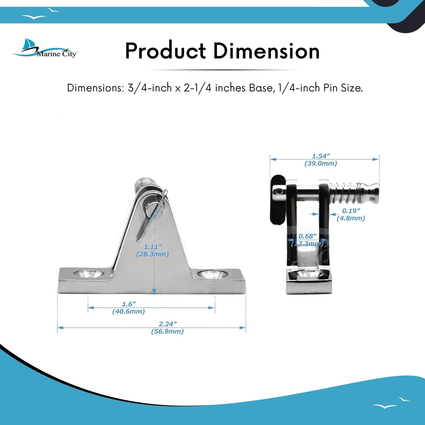MARINE CITY Stainless Steel Swivel Bimini Top Hinges with Removable Pin (2Pcs) Marine City