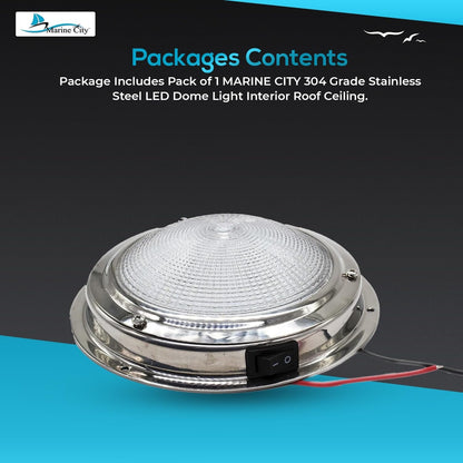 Marine City 304 Stainless Steel LED Dome Light 4” Lens, 12V, 3W, Water-Resistant Marine City