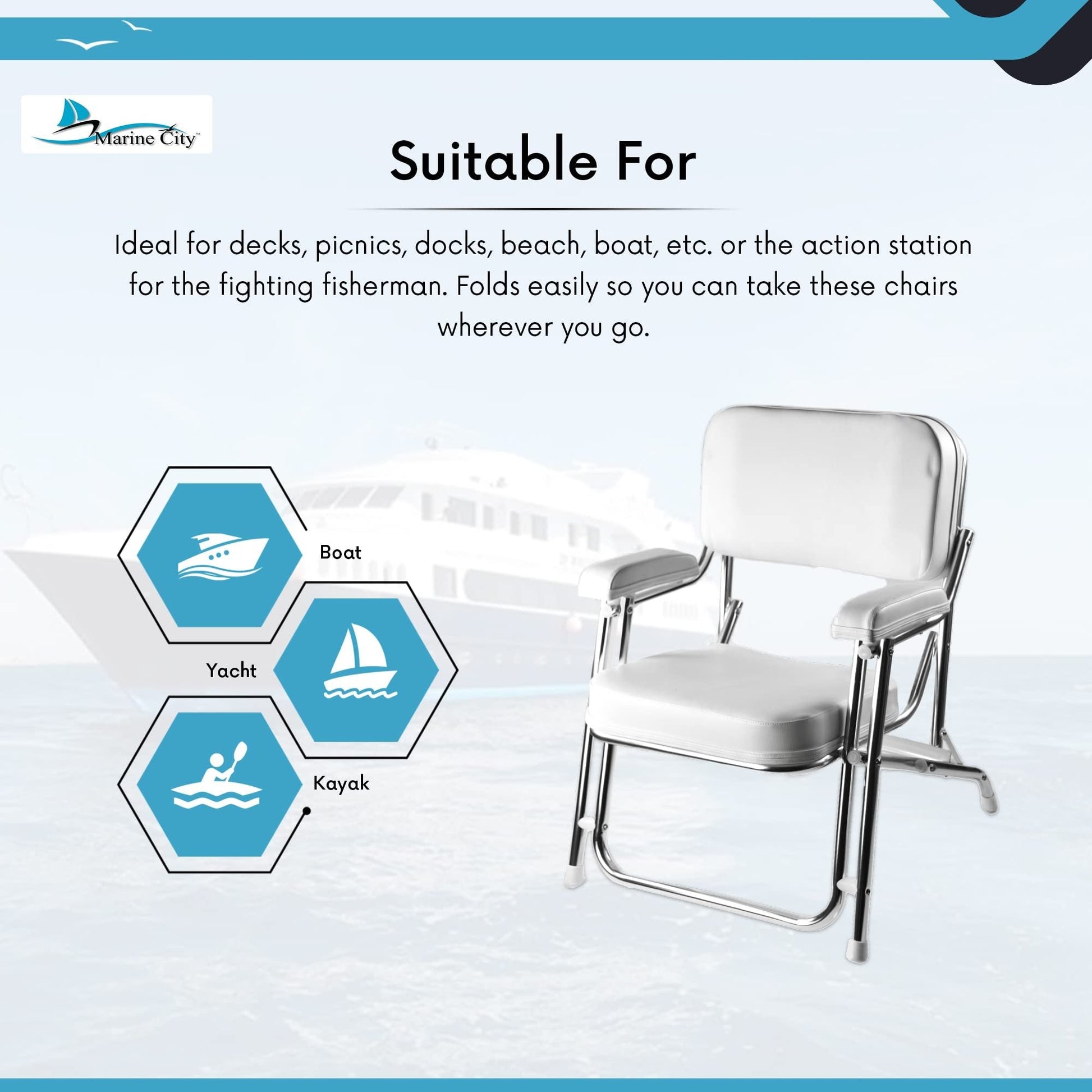 Marine City Aluminum Portable Folding Boat Deck Chair – Cushioned Foam Seat Marine City