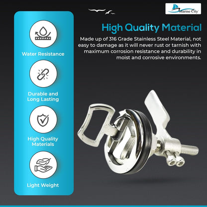 Marine City Flush Cam Latch T-Handle – 316 Stainless Steel, Water-Tight Seal Marine City