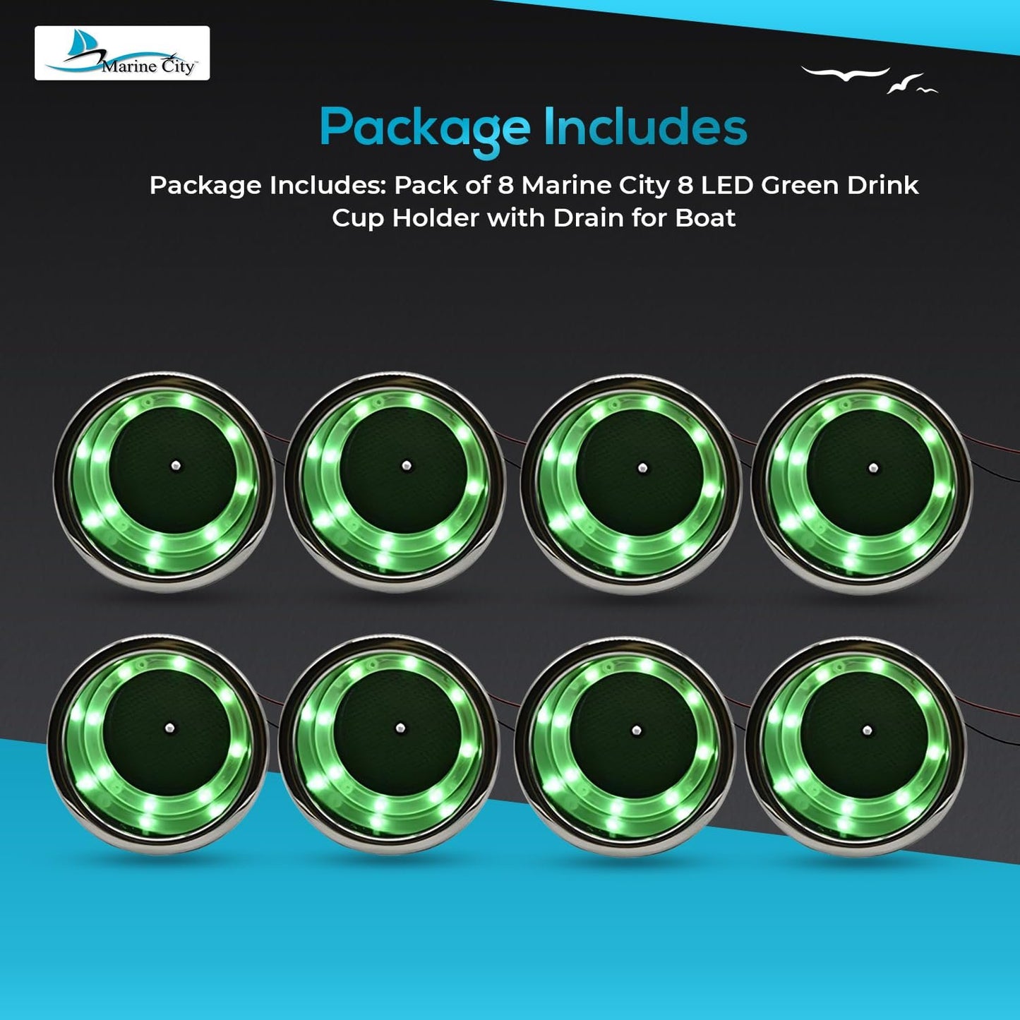 Marine City Portavasos de acero inoxidable con 8 LED, color verde, con drenaje para barco, RV, mesa de póquer, encimera, tablero