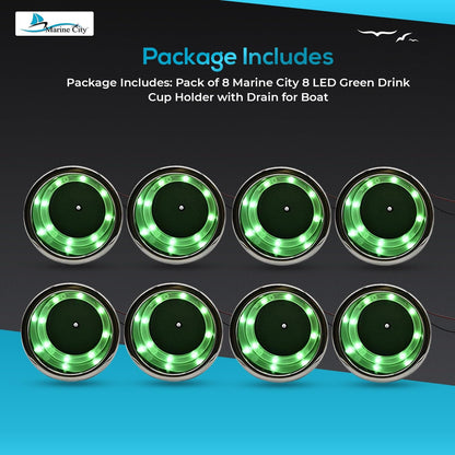 Marine City Portavasos de acero inoxidable con 8 LED, color verde, con drenaje para barco, RV, mesa de póquer, encimera, tablero