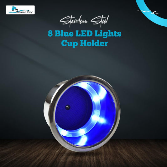 Marine City 8 Blue LED 12V Illuminated Stainless Steel Cup Holder with Drain