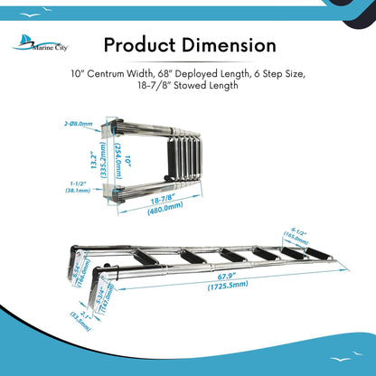 MARINE CITY 6-Step Telescoping Swim Ladder – 304 Stainless Steel, Wide Pedals MARINE CITY