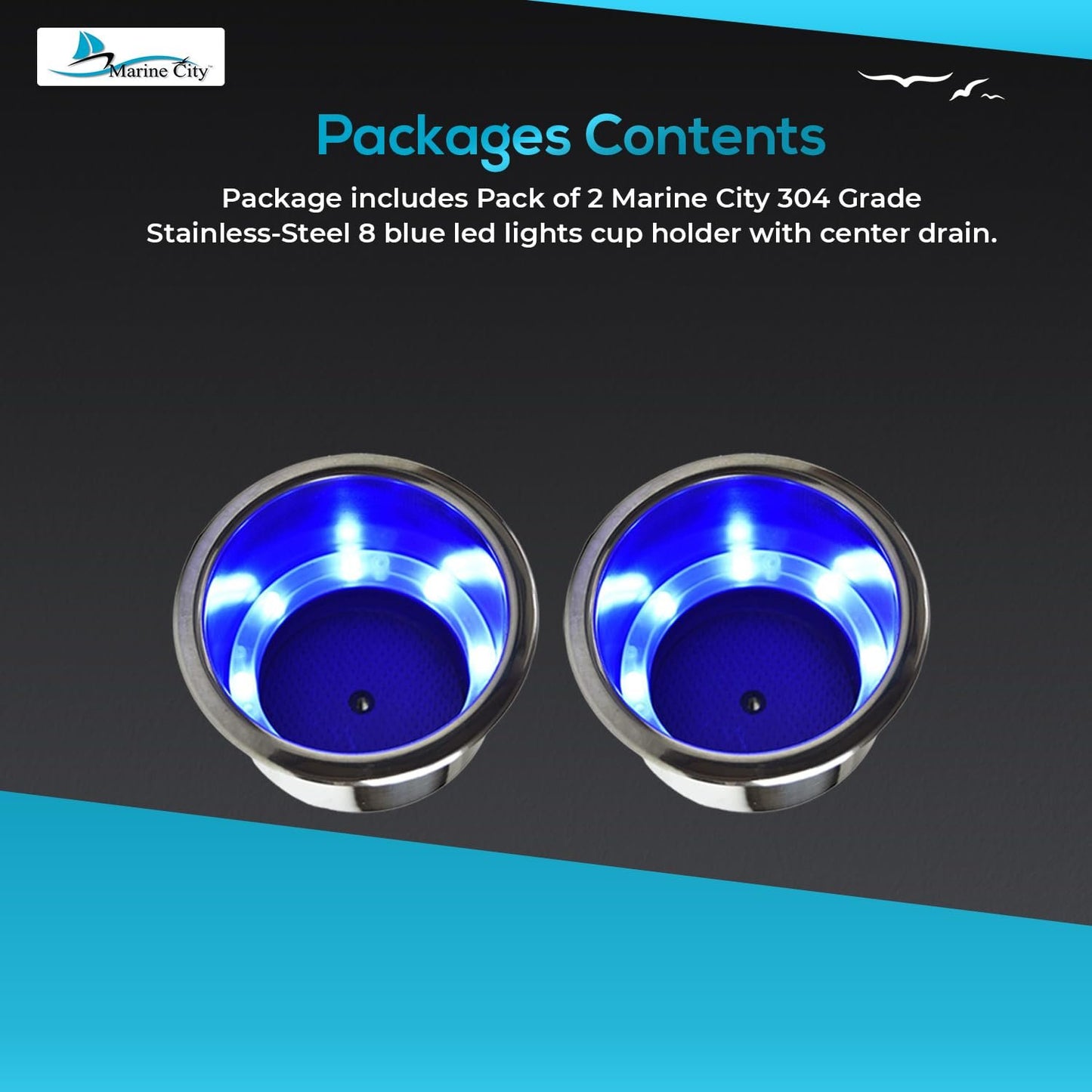 Marine City 8 Blue LED 12V Illuminated Stainless Steel Cup Holder with Drain
