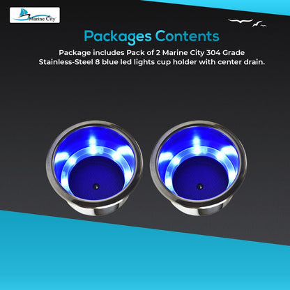 Marine City 8 Blue LED 12V Illuminated Stainless Steel Cup Holder with Drain