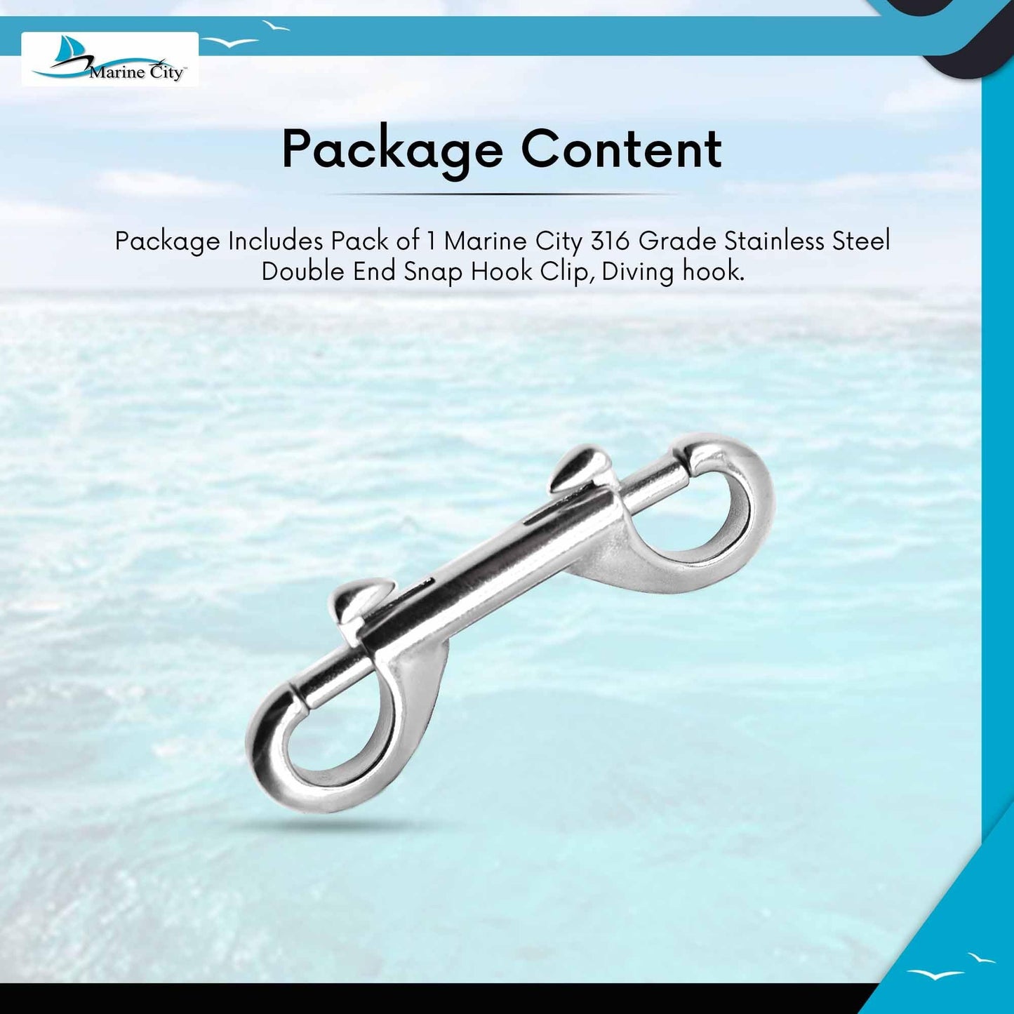 MARINE CITY Gancho de buceo con clip de doble extremo de acero inoxidable 316 de grado marino resistente de 3-1/2"