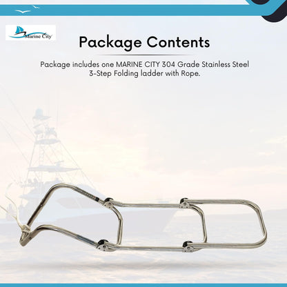 MARINE CITY Escalera plegable de 3 escalones de acero inoxidable de grado 304 con cuerda para marines – Barcos – Yates – Accesorios (paquete de 1)
