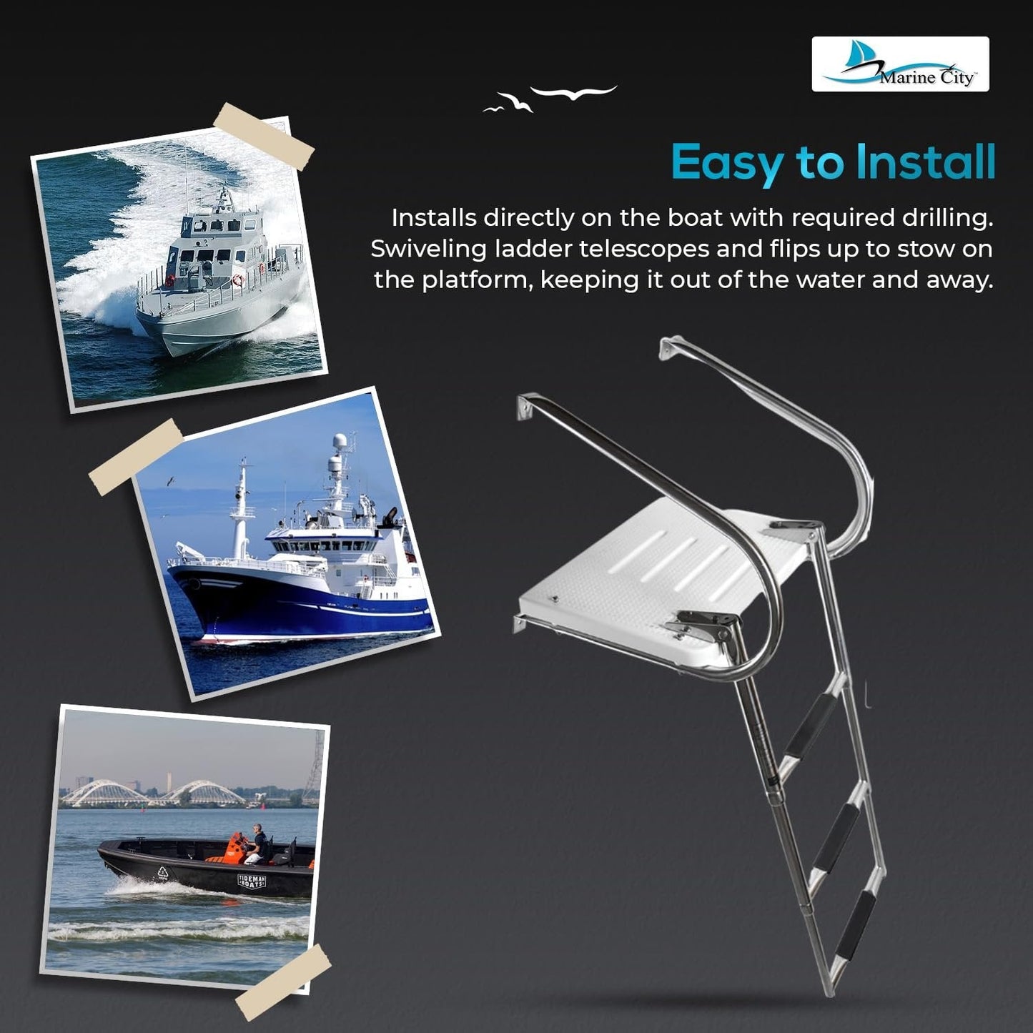 Marine City 304 Stainless Steel 3-Step Telescoping I/B Swim Platform Ladder Marine City Hardware