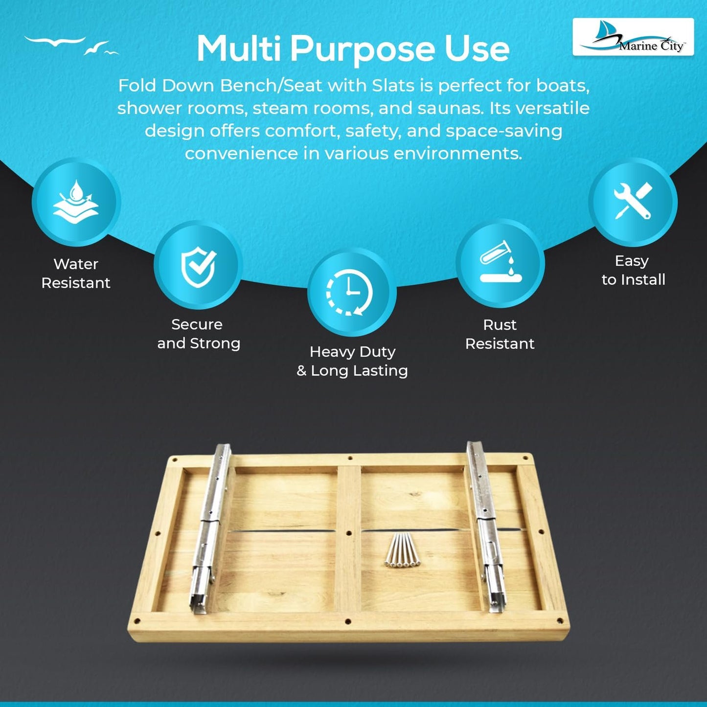 Marine City Banco/asiento plegable de 24 pulgadas x 13 pulgadas con listones para barco, cuarto de ducha, vapor, sala de sauna