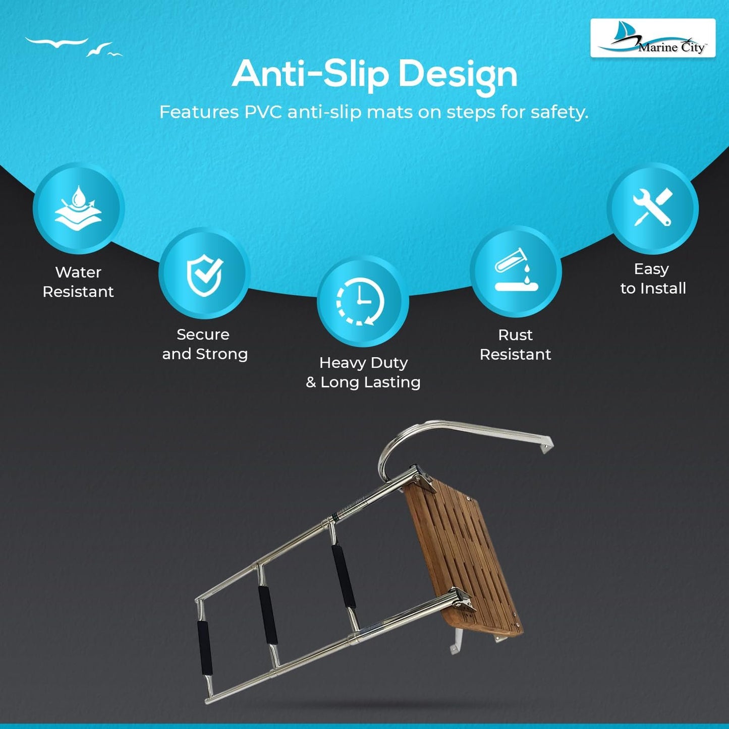 Marine City Escalera telescópica de plataforma de teca para natación de 3 escalones O/B de acero inoxidable para barcos, barcos