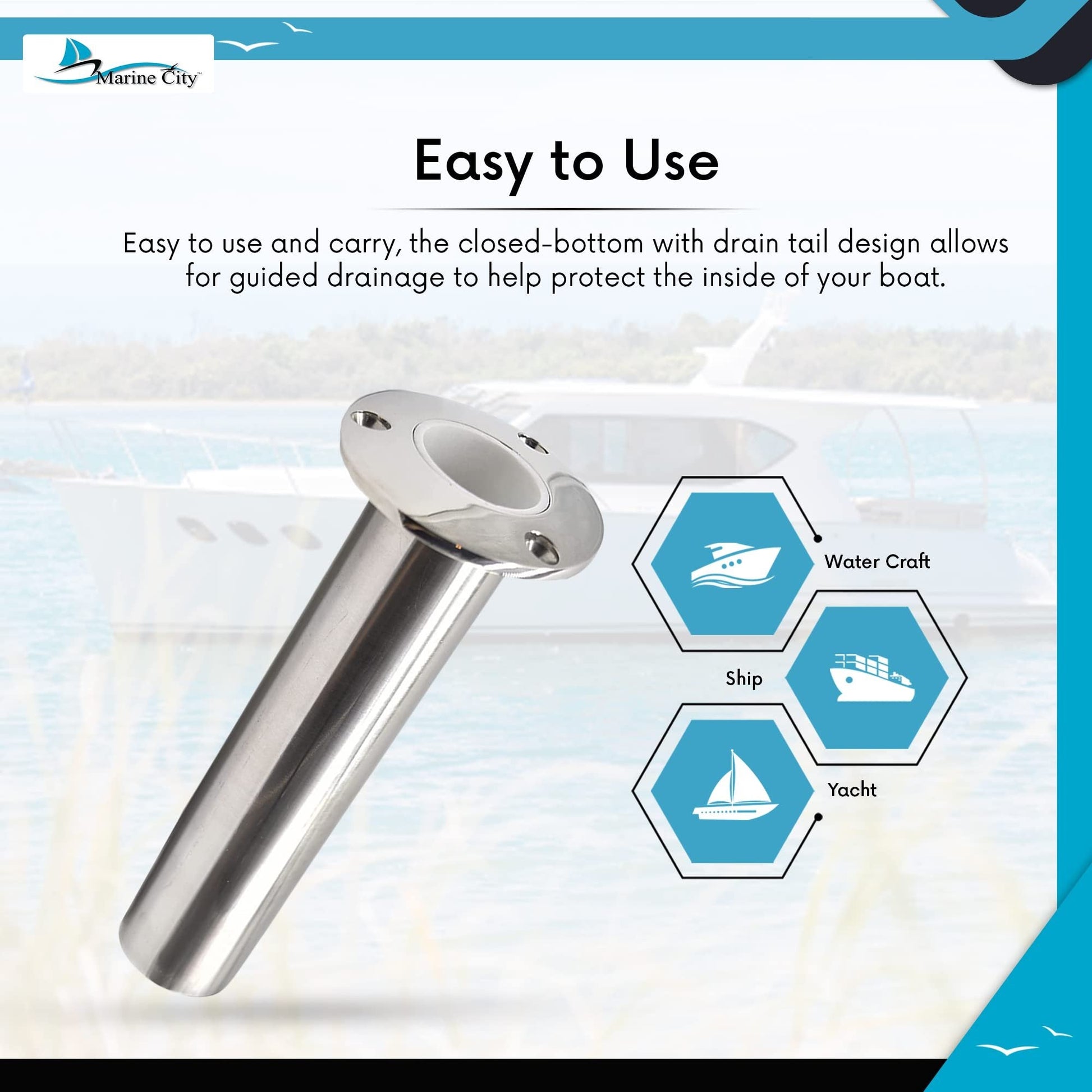 Marine City Stainless Steel Flush-Mount Fishing Rod Holder with Drain (2 Pcs) Marine City