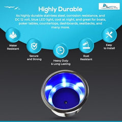 Marine City 8 Blue LED 12V Illuminated Stainless Steel Cup Holder with Drain