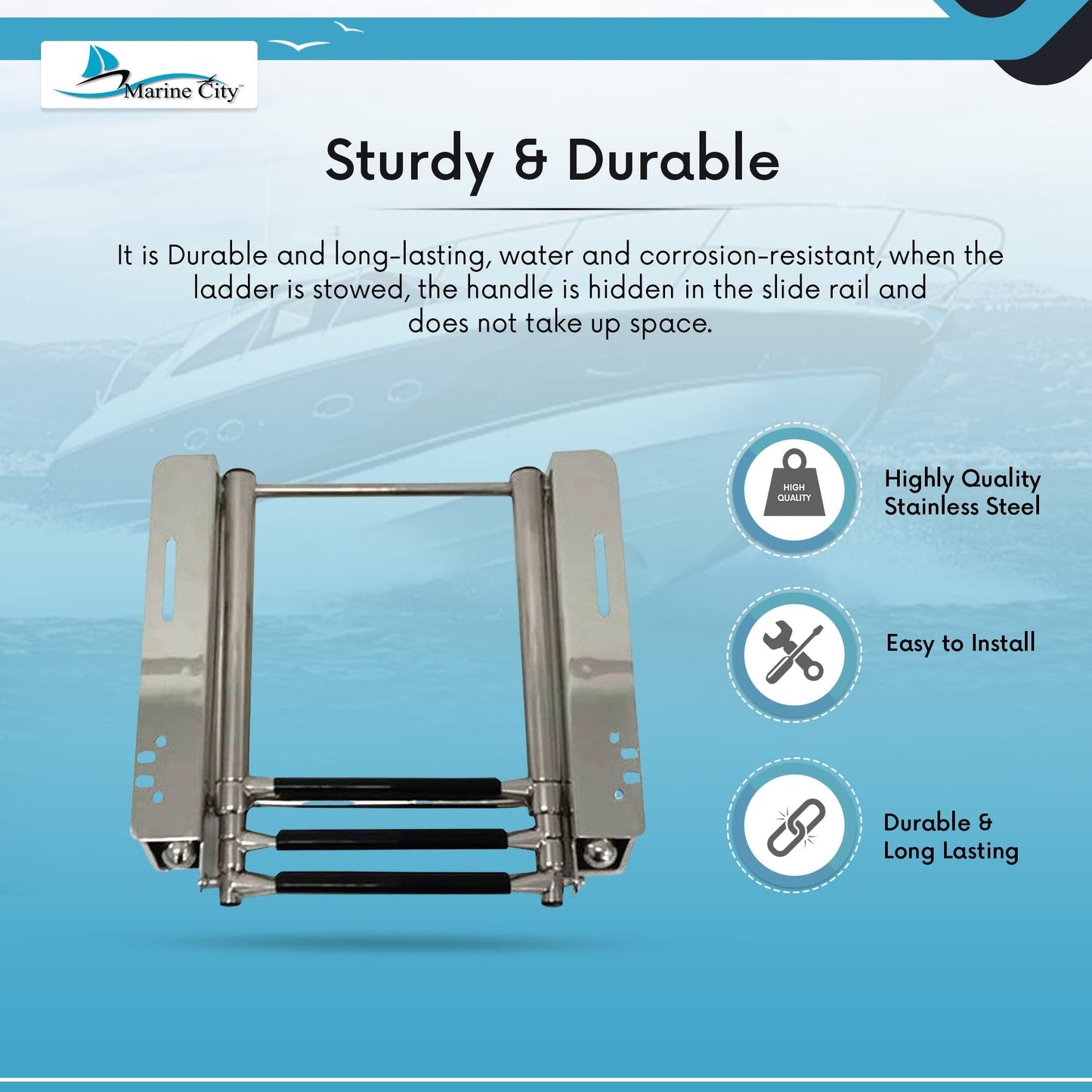 Marine City 3-Step Telescoping Stainless Steel Ladder with Retractable Handrail Marine City