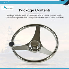 MARINE CITY 3-Spoke Steering Wheel with Knob – 13-1/2” 304 Stainless Steel