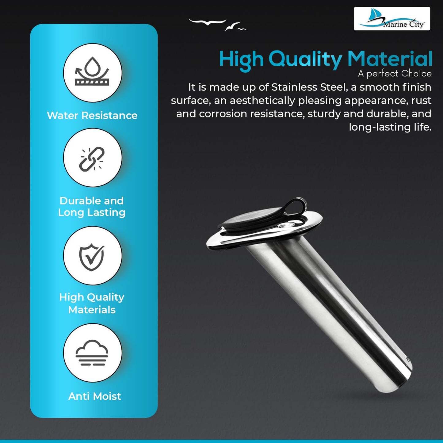 Marine City Fishing Rod Holder Heavy Duty Cast Stainless Steel, 30° Flange Angle