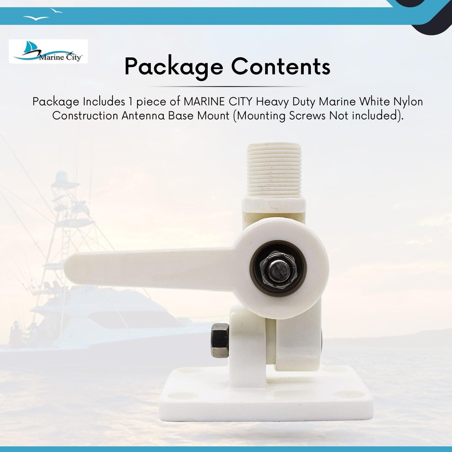 Marine City White Nylon Antenna Mount Heavy-Duty 1"-14 Thread Base, UV-Resistant Marine City