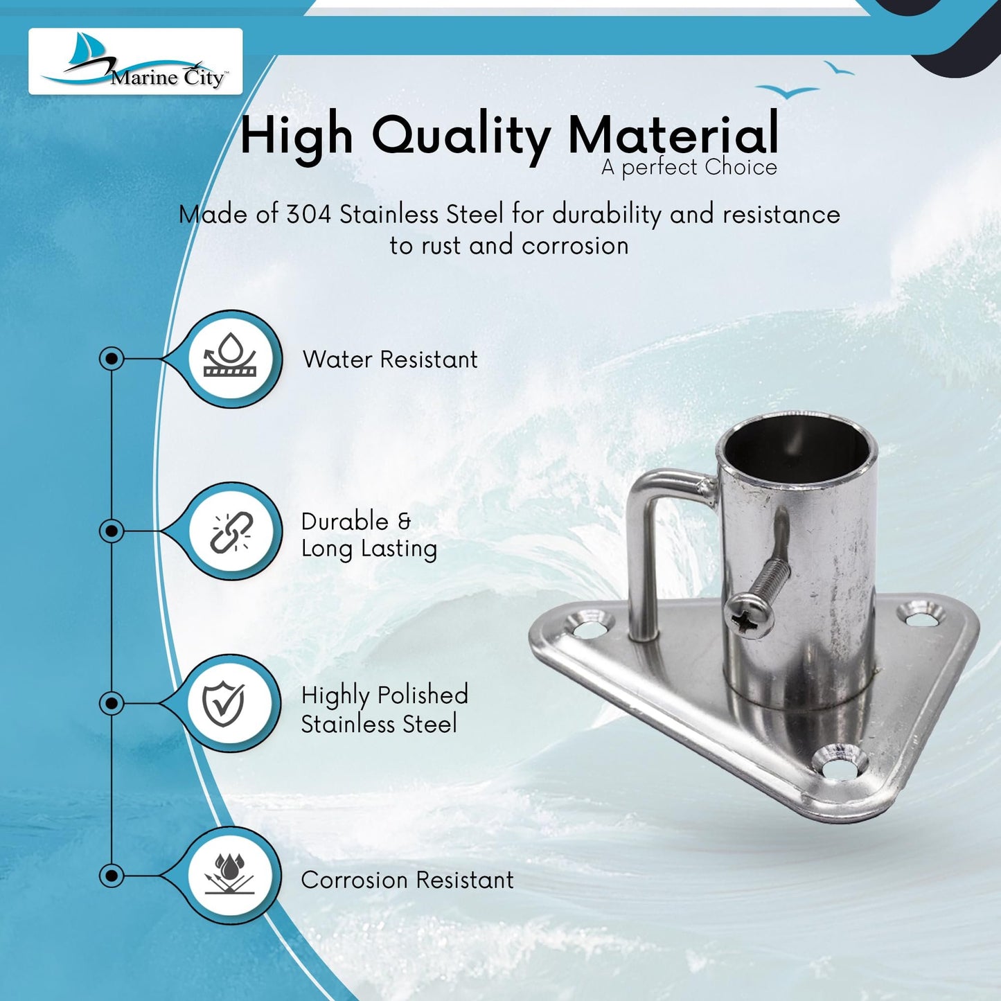 Marine City Toma de puntal de acero inoxidable 304 de 90° con base triangular y contrafuerte para tubo de Ø 1"(25 mm) para pesca en yate en barco marino