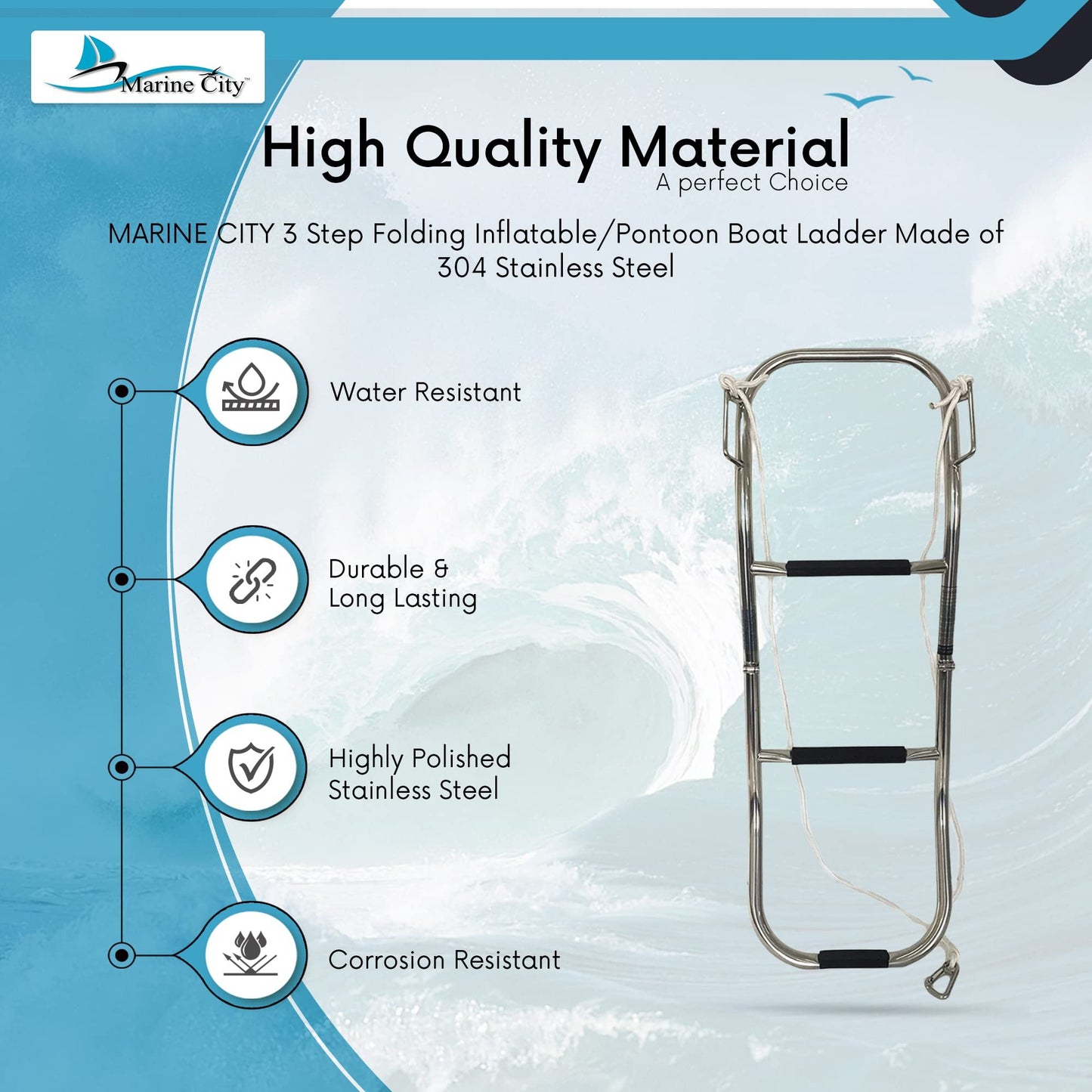 Marine City Escalera para barco inflable/pontón plegable de 3 escalones de acero inoxidable