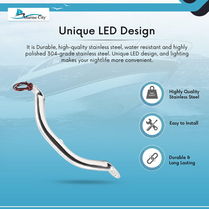 Marine City LED Grab Rail Handle, 9 Inch, Stainless Steel with Blue LED Light