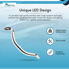 Marine City Newest Stainless Steel 9” / 12” / 16”/ 18” Grab Rail Handle with Blue 1/2 / 3 LED Lights (9” 1-LED-Light Grab Rail Handle)