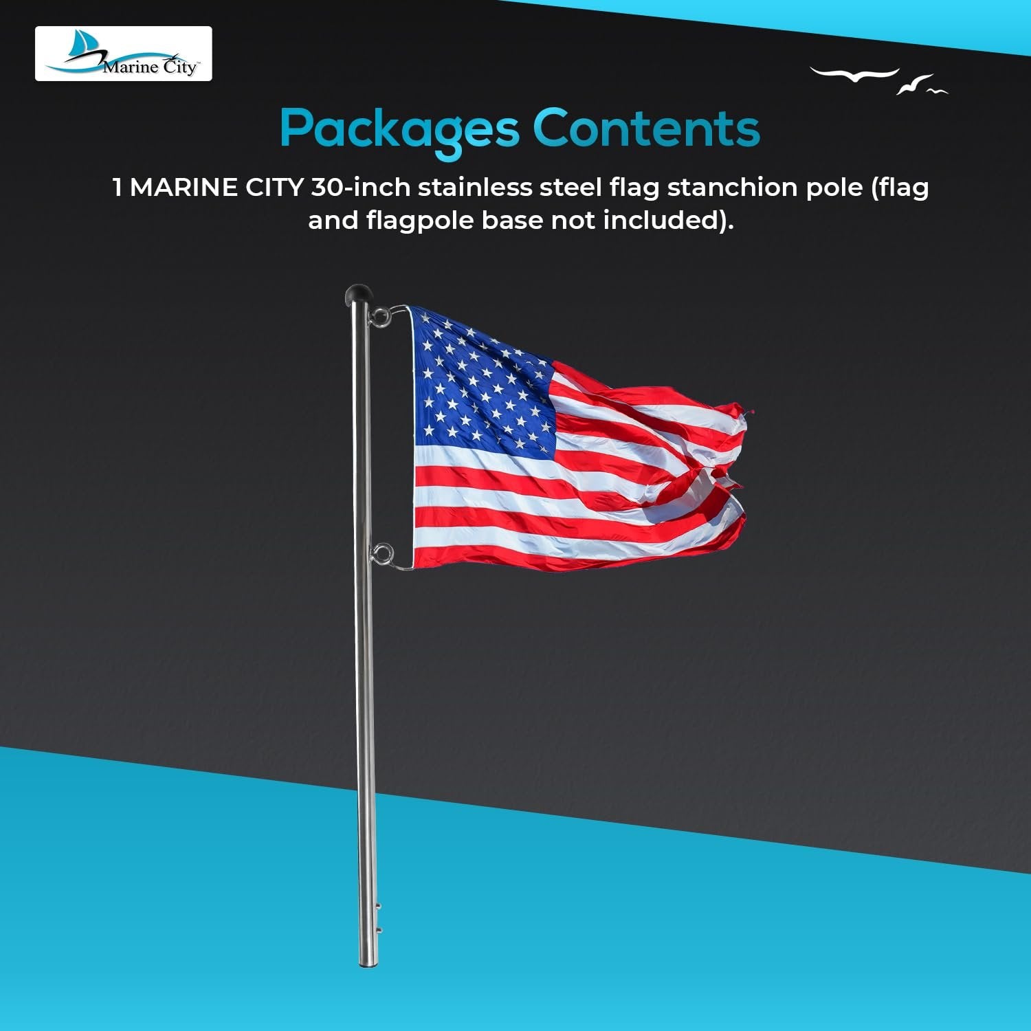 Marine City Boat 304 Stainless Steel 30 Inches Flag Stanchion Pole -7/8 inches Stock for 12 inches ×18 inches Flag Marine City