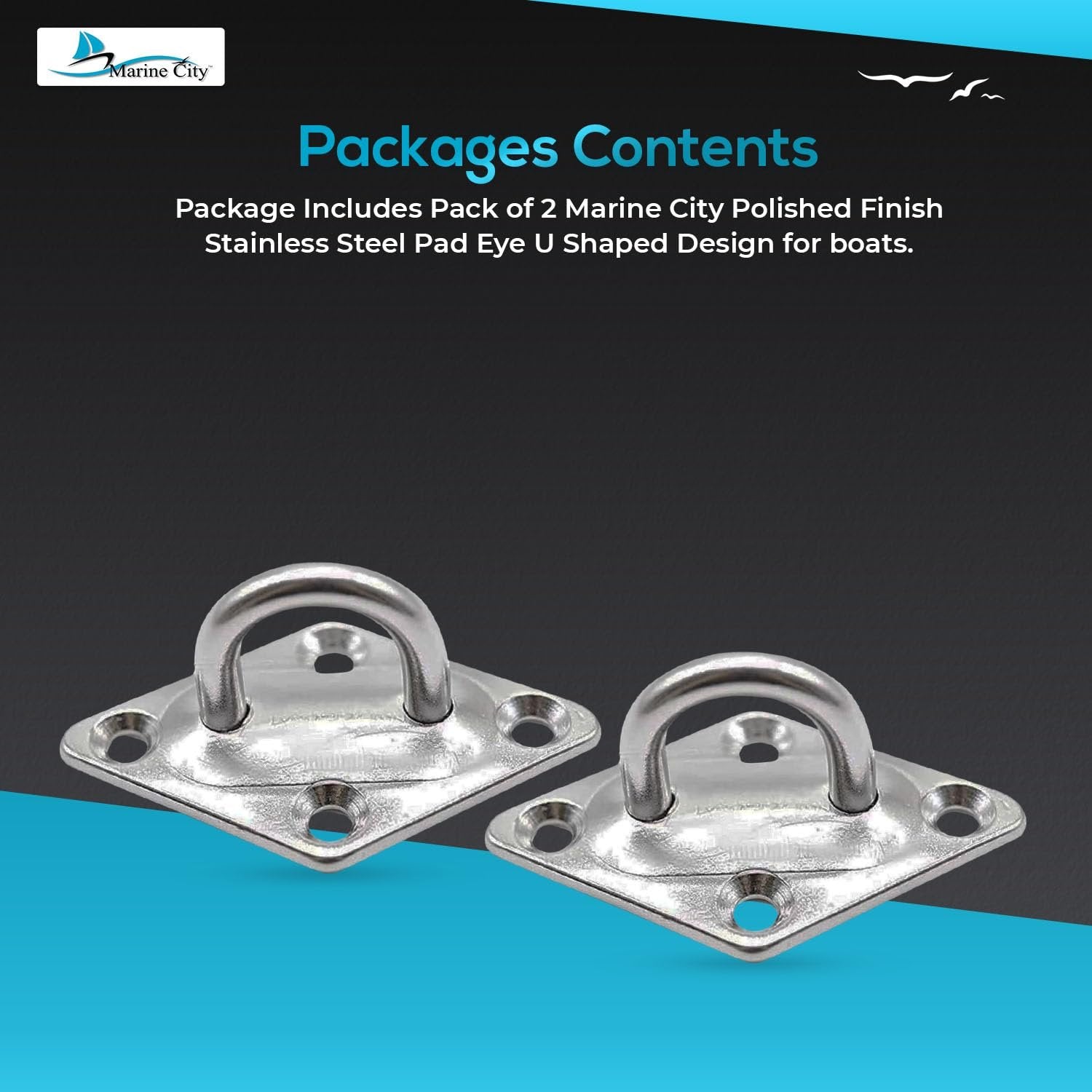 Marine City U-Shaped Pad Eye – Polished Stainless Steel, 2-3/8 x 1-1/2", (2 Pcs) Marine City Hardware