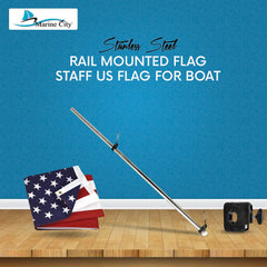 Marine City Bastón de bandera montado en riel de acero inoxidable de 21 pulgadas y base de mástil de bandera de plástico negro y bandera de EE. UU. de 12 pulgadas x 18 pulgadas para yate (1 juego)