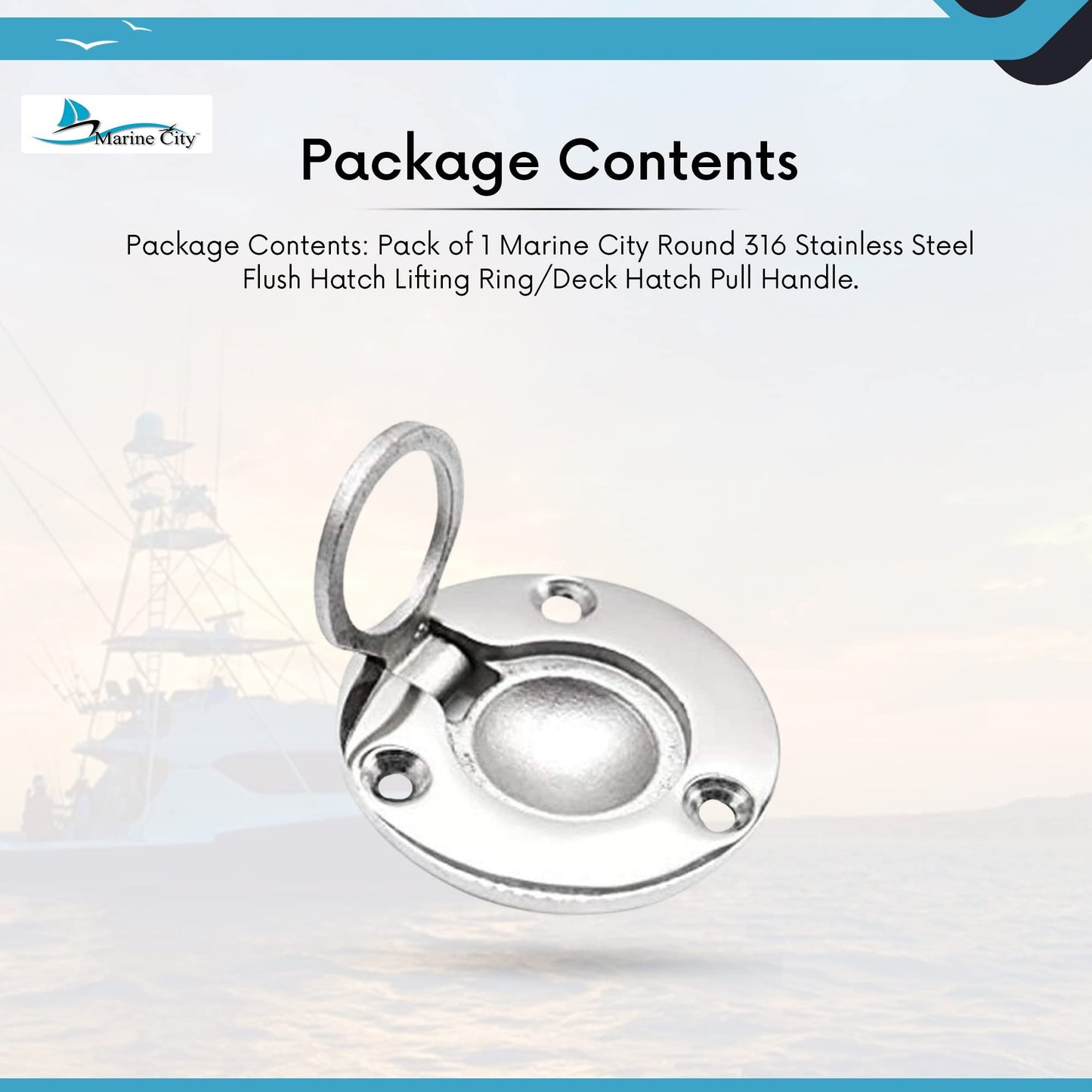 MARINE CITY 316 Stainless Steel Round Flush Boat Hatch Lift Ring – 3-Point Fix