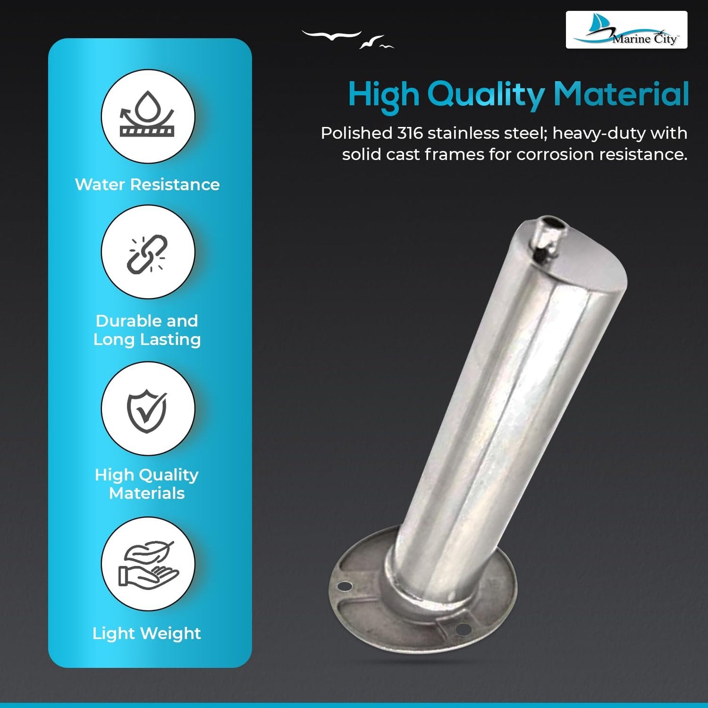 Marine City Stainless Steel Flush-Mount Fishing Rod Holder with Drain (4 Pcs)