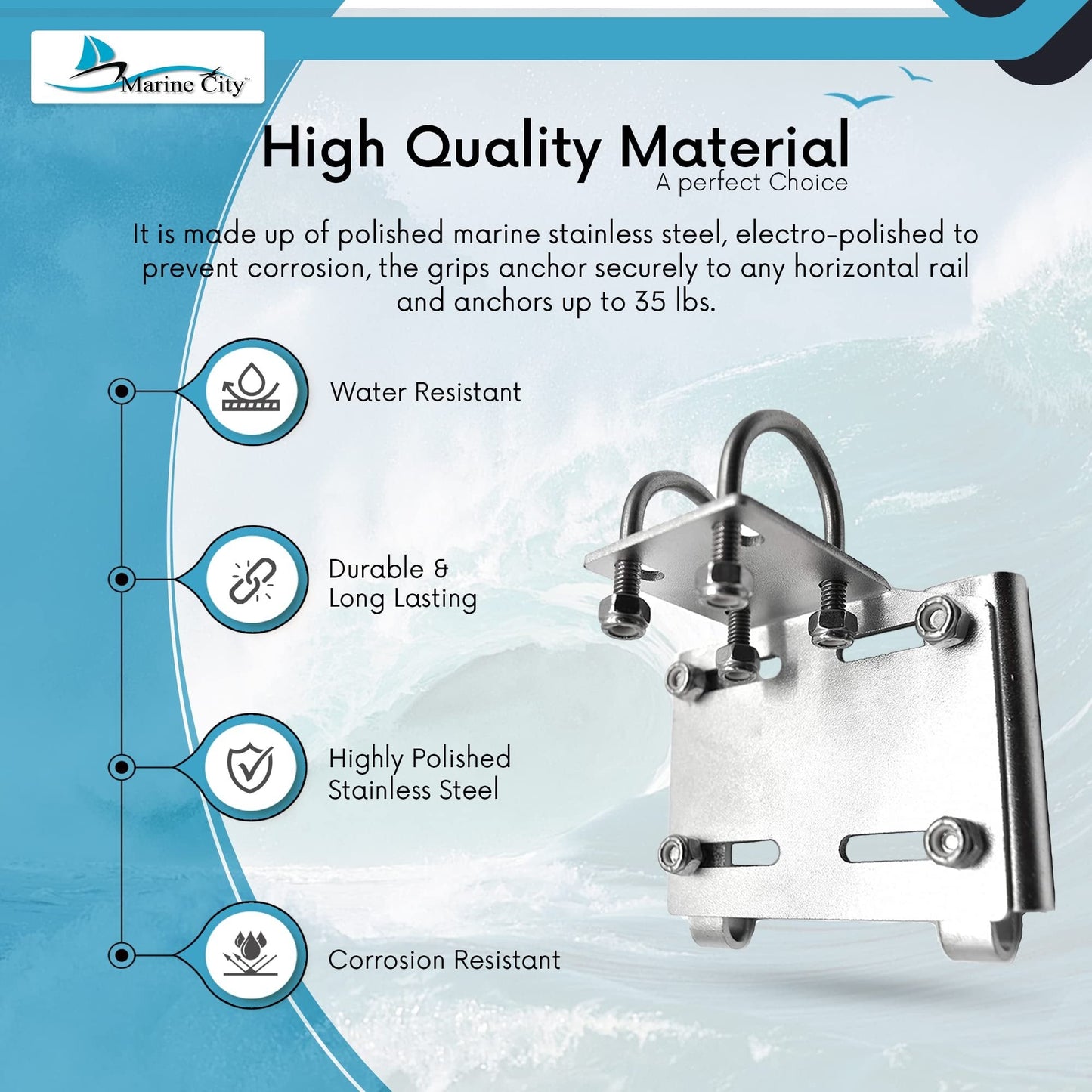 Marine City Stainless Steel Rail Mount Anchor Bracket – Fits 7/8”–1” Rails Marine City