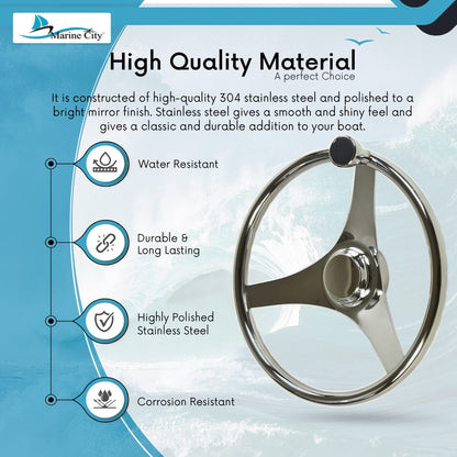 MARINE CITY 3-Spoke Steering Wheel with Knob – 13-1/2” 304 Stainless Steel