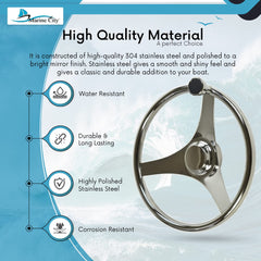 MARINE CITY 3-Spoke Steering Wheel with Knob – 13-1/2” 304 Stainless Steel
