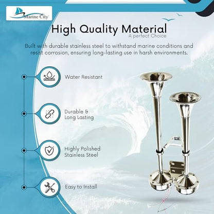 Marine City Stainless Steel Twin Horn Set – High & Low Tone, 465mm, Dual Tone