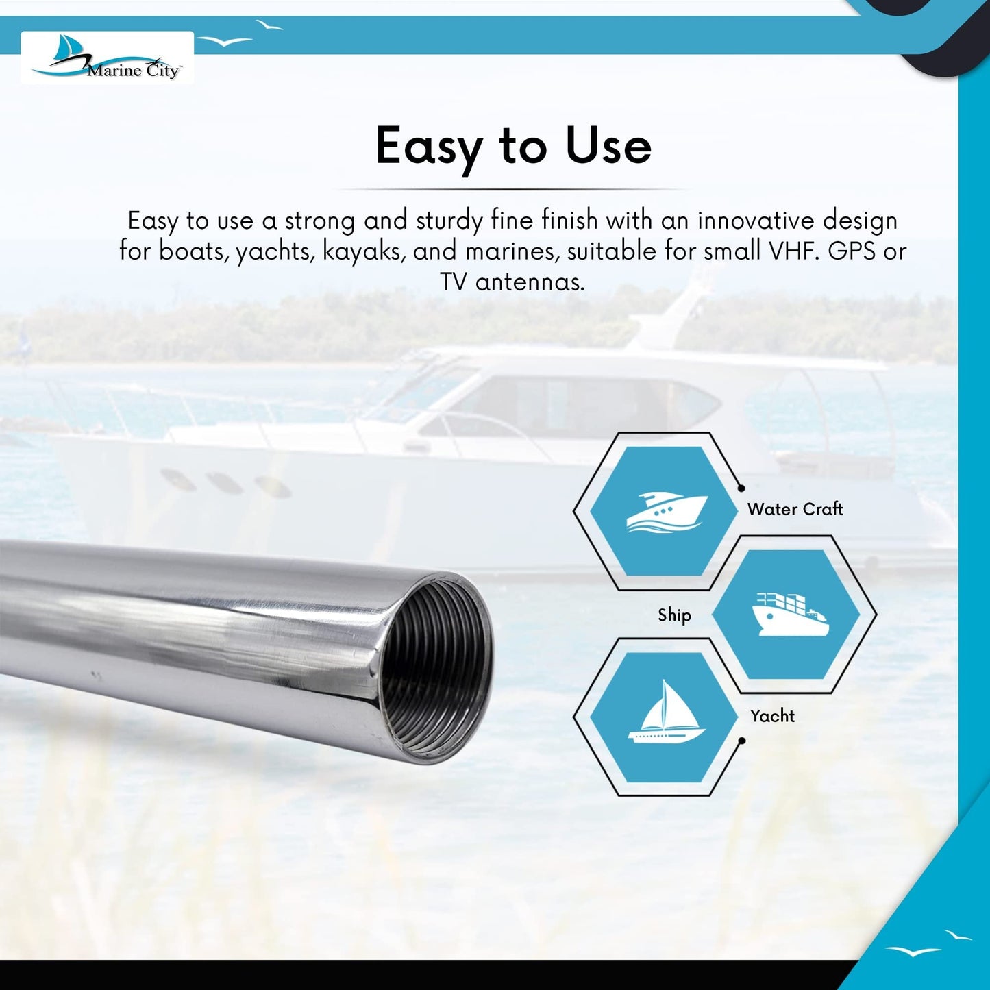 Marine City 24” Antenna Base Mount Extension Mast – Stainless Steel, Heavy-Duty MARINE CITY