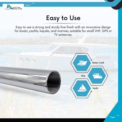 Marine City 24” Antenna Base Mount Extension Mast – Stainless Steel, Heavy-Duty MARINE CITY