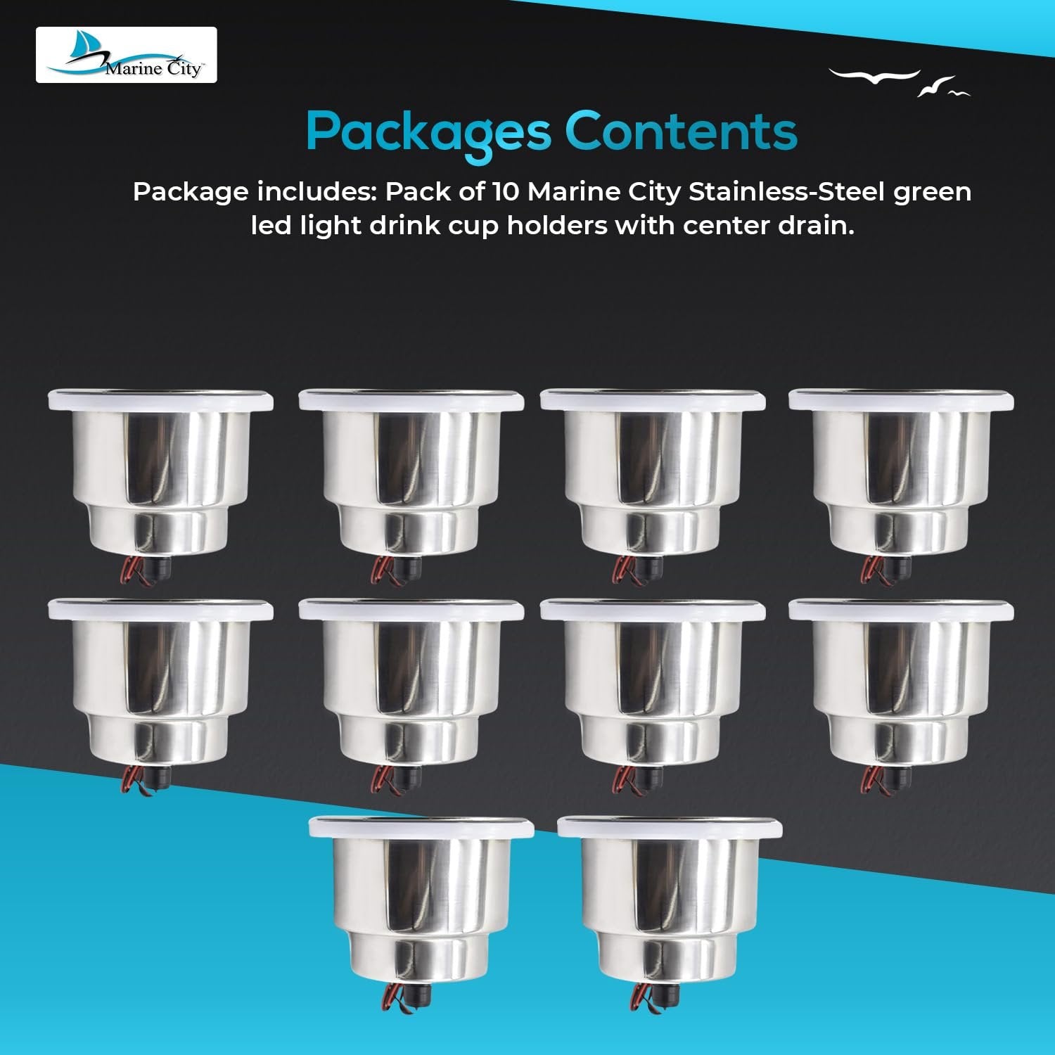 Marine City Stainless Steel Green LED Cup Holder with Drain Corrosion-Resistant Marine City