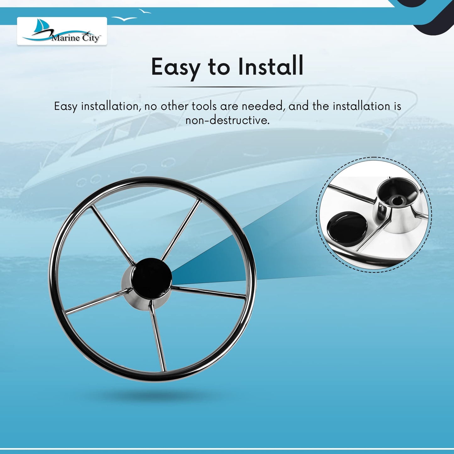 Marine City 5-Spoke Stainless Steel Steering Wheel – 304 Corrosion Resistant