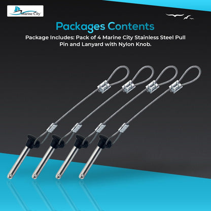 MARINE CITY Pull Pin & Lanyard with Nylon Knob – 3/16" Stainless Steel (4 Pcs)