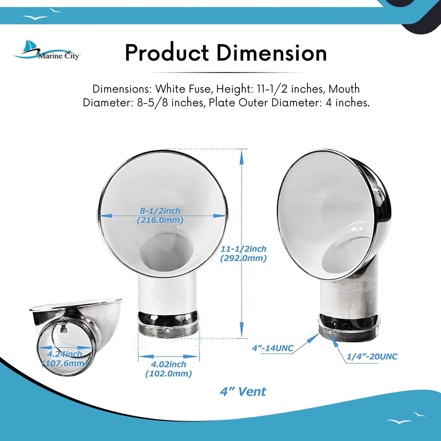 Marine City 4-Inch Round White Cowl Vent 304 Stainless Steel Corrosion-Resistant