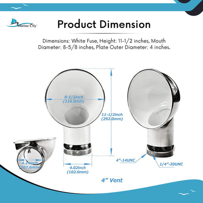 Marine City 4-Inch Round White Cowl Vent 304 Stainless Steel Corrosion-Resistant